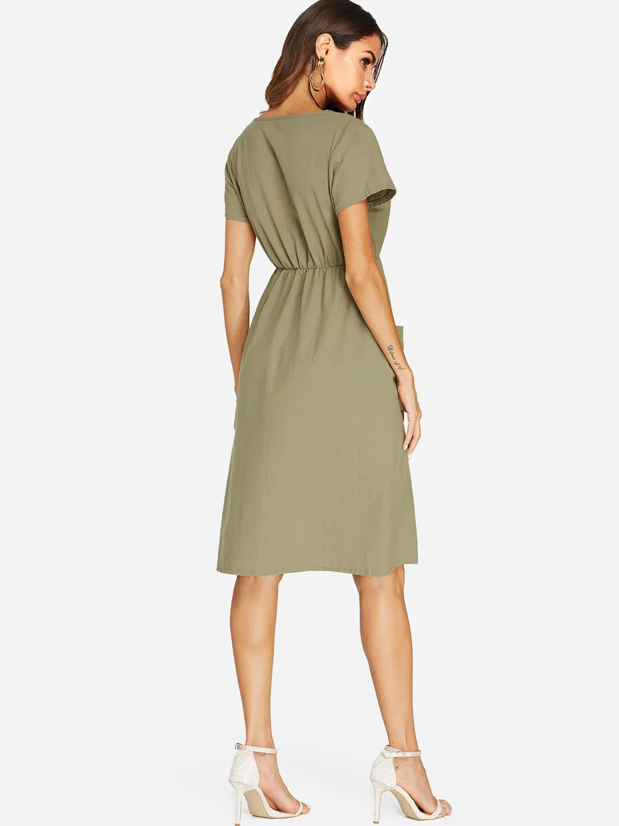 Wholesale Army Green V-Neck Short Sleeve Plain Side Pockets Dresses