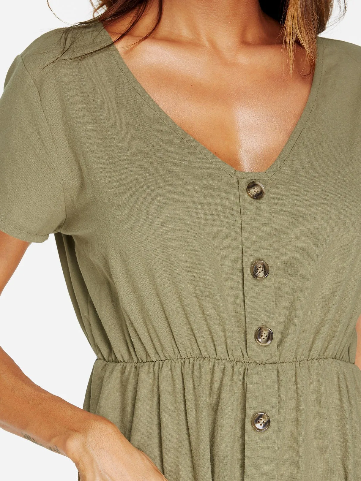 Wholesale Army Green V-Neck Short Sleeve Plain Side Pockets Dresses