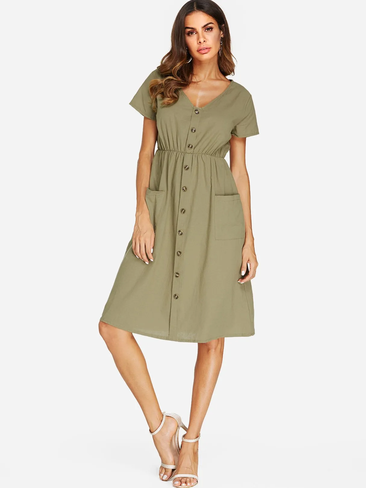 Wholesale Army Green V-Neck Short Sleeve Plain Side Pockets Dresses