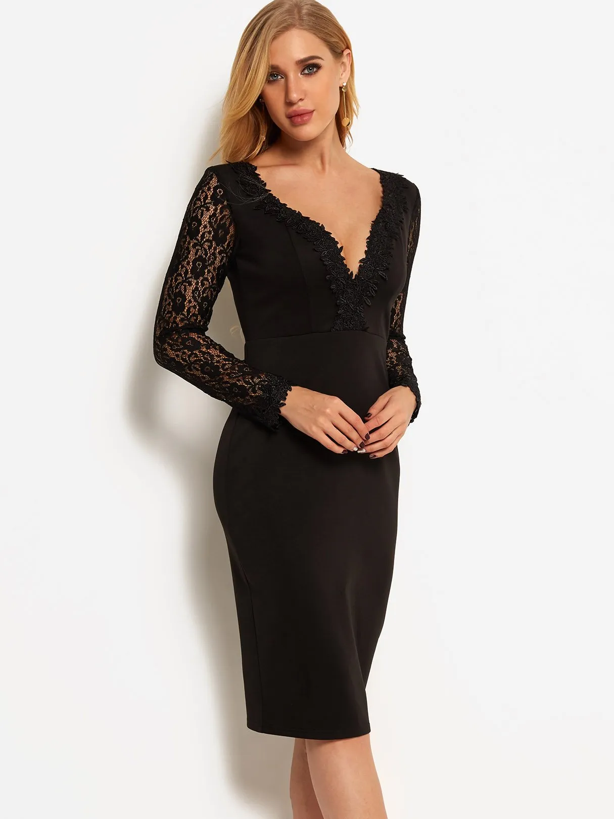 Wholesale Black Deep V Neck Long Sleeve Lace Dresses