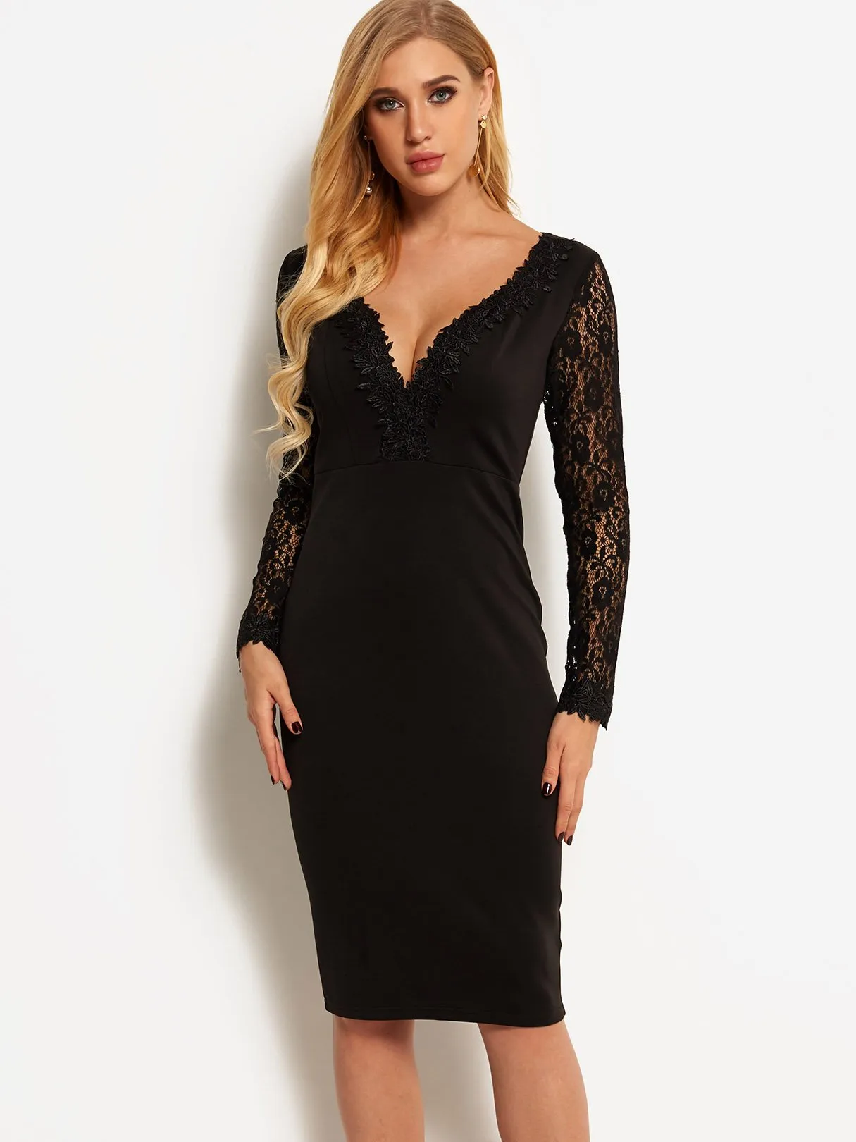 Wholesale Black Deep V Neck Long Sleeve Lace Dresses