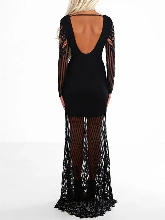 Wholesale Black Deep V-Neck Long Sleeve Lace Zip Back Maxi Dresses