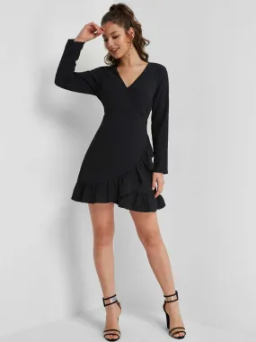 Wholesale Black Deep V Neck Long Sleeve Wrap Flounced Hem Dresses