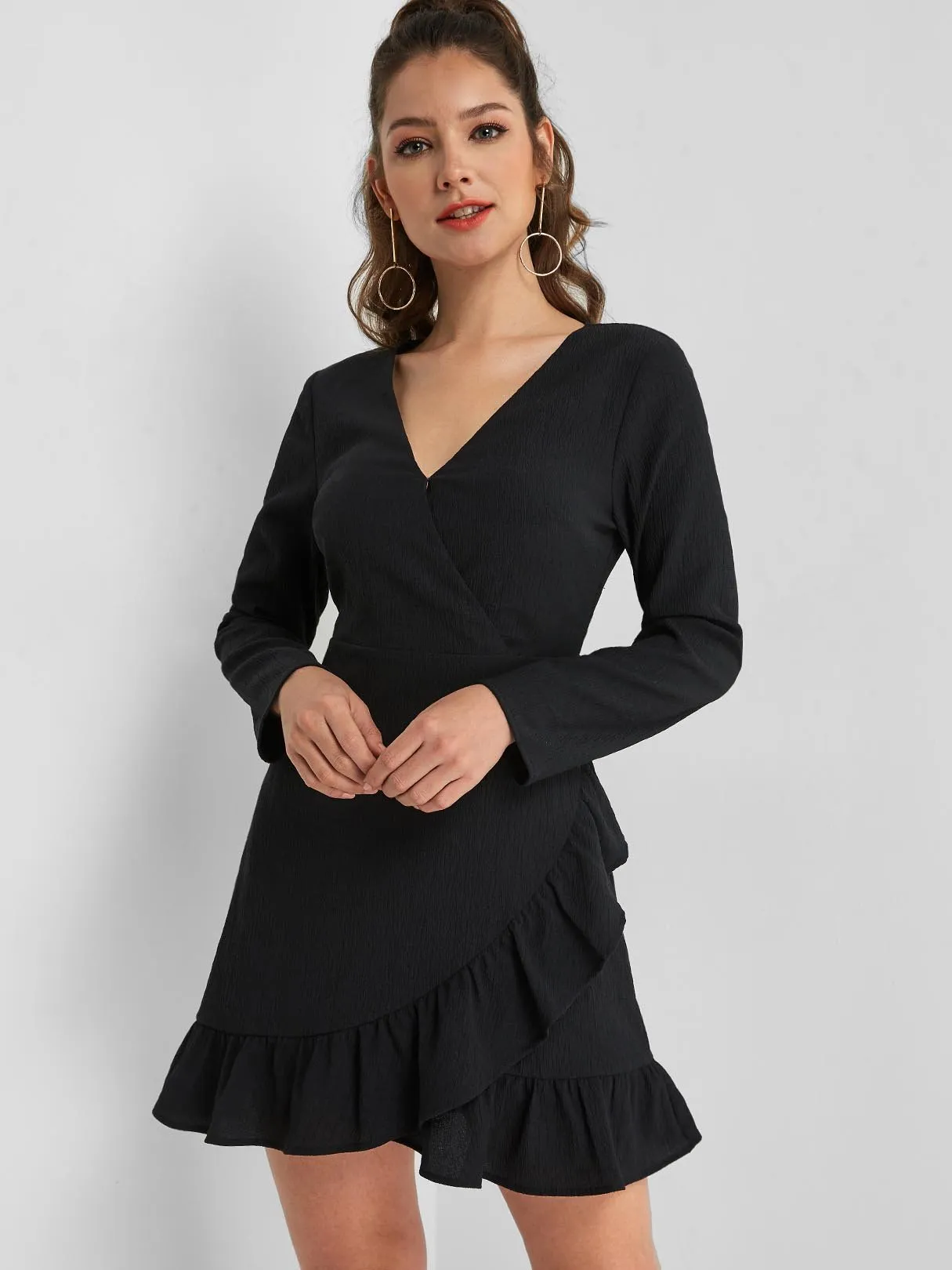 Wholesale Black Deep V Neck Long Sleeve Wrap Flounced Hem Dresses