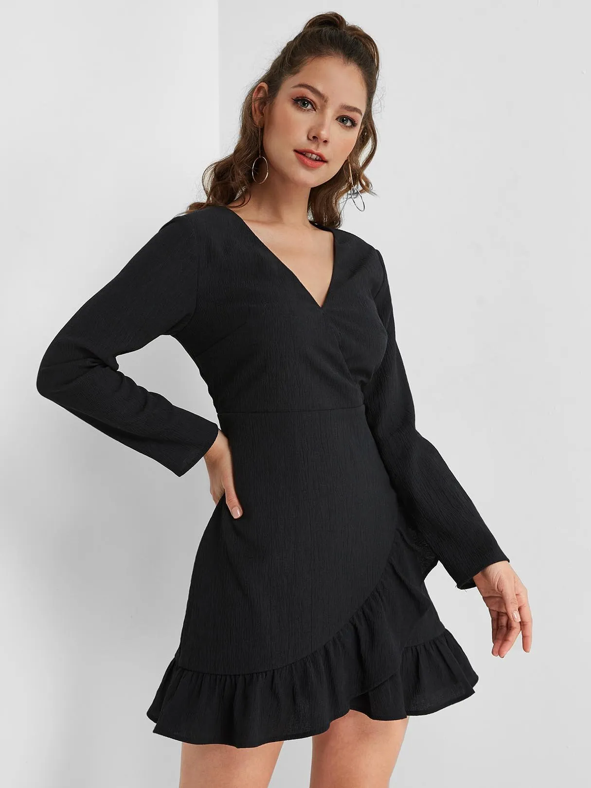 Wholesale Black Deep V Neck Long Sleeve Wrap Flounced Hem Dresses