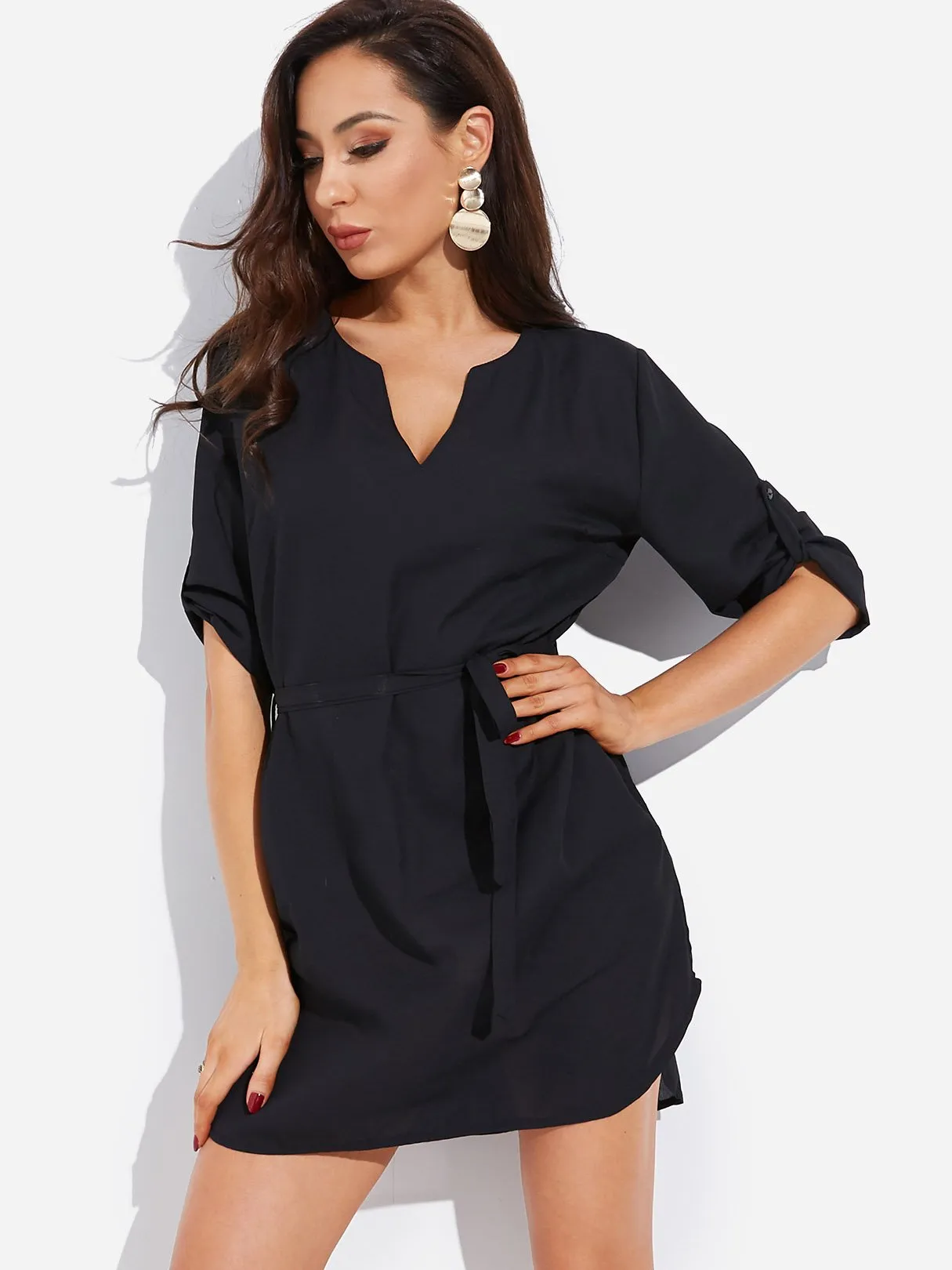 Wholesale Black V-Neck 3/4 Length Sleeve Plain Self-Tie Curved Hem Dresses