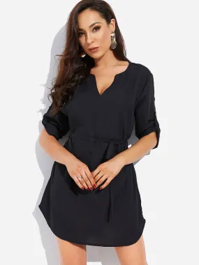 Wholesale Black V-Neck 3/4 Length Sleeve Plain Self-Tie Curved Hem Dresses