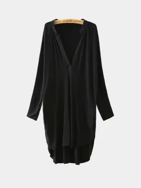 Wholesale Black V-Neck Long Sleeve Plain Side Pockets Irregular Hem Dresses