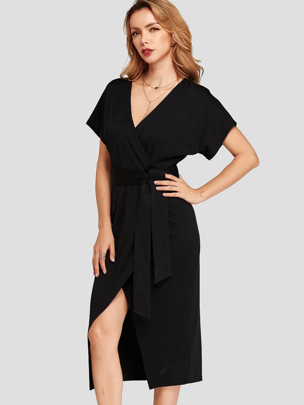 Wholesale Black V-Neck Short Sleeve Plain Belt Self-Tie Wrap Slit Hem Dresses