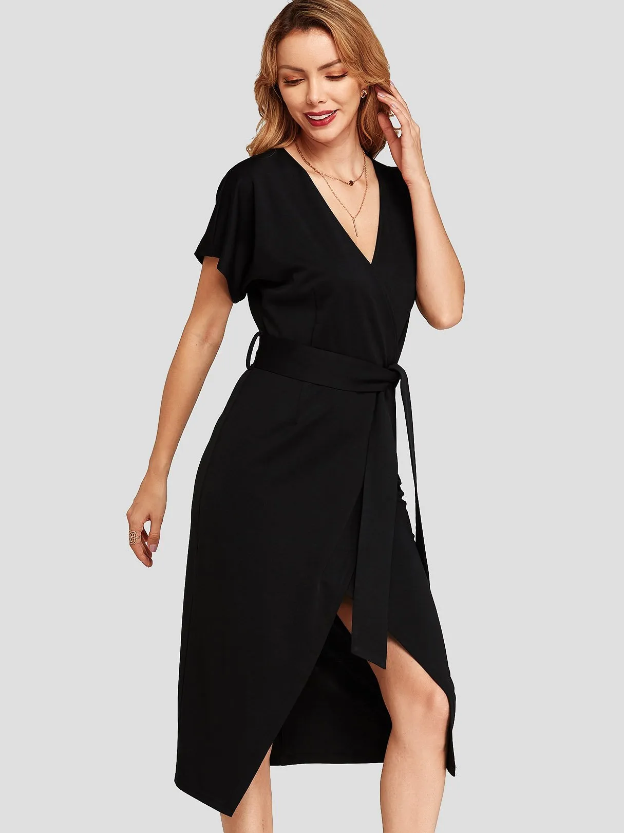 Wholesale Black V-Neck Short Sleeve Plain Belt Self-Tie Wrap Slit Hem Dresses