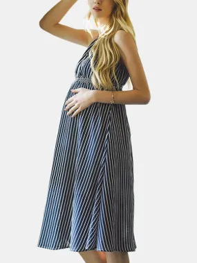 Wholesale Blue V-Neck Sleeveless Stripe Dress