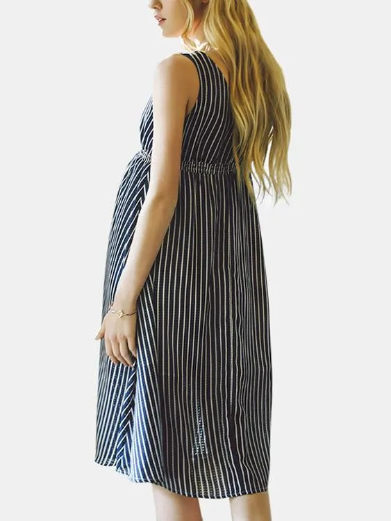 Wholesale Blue V-Neck Sleeveless Stripe Dress