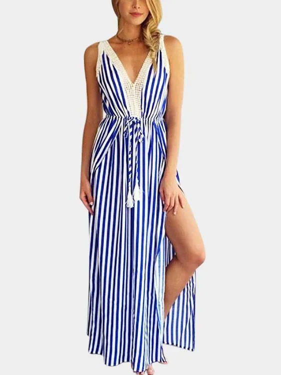 Wholesale Blue V-Neck Sleeveless Stripe Lace-Up Slit Hem Dresses