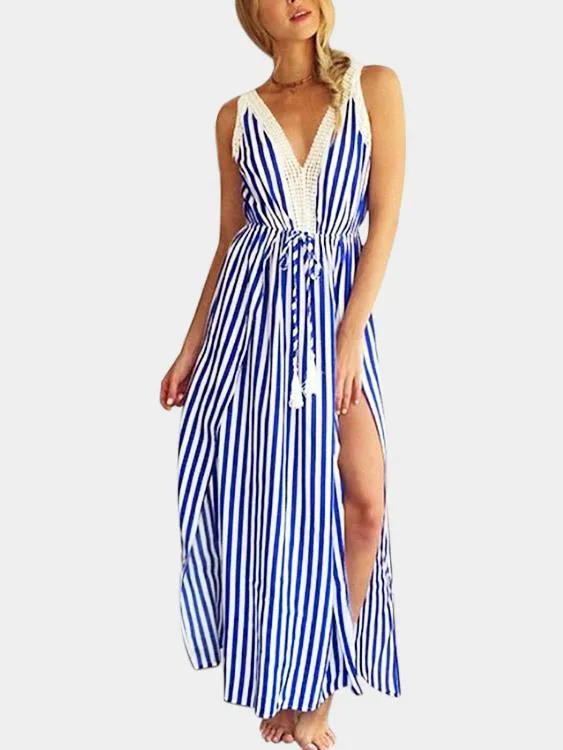 Wholesale Blue V-Neck Sleeveless Stripe Lace-Up Slit Hem Dresses