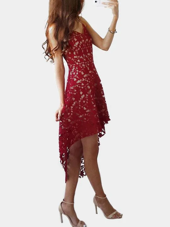 Wholesale Burgundy V-Neck Sleeveless Lace Irregular Hem Dresses