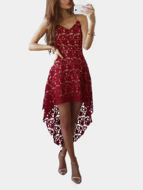 Wholesale Burgundy V-Neck Sleeveless Lace Irregular Hem Dresses