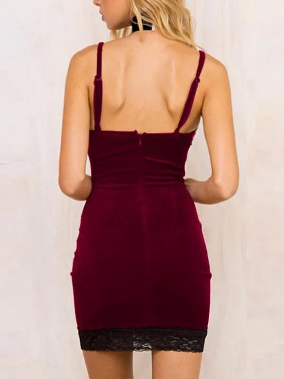 Wholesale Burgundy V-Neck Sleeveless Plain Lace Zip Back Dresses