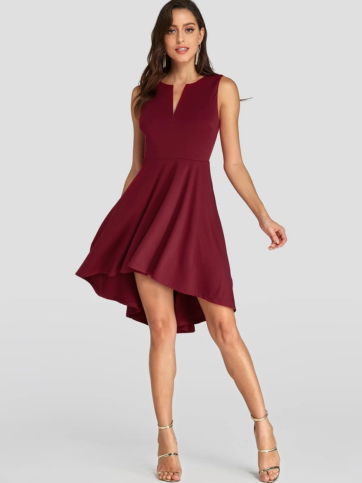 Wholesale Burgundy V-Neck Sleeveless Plain Pleated High-Low Hem Dresses