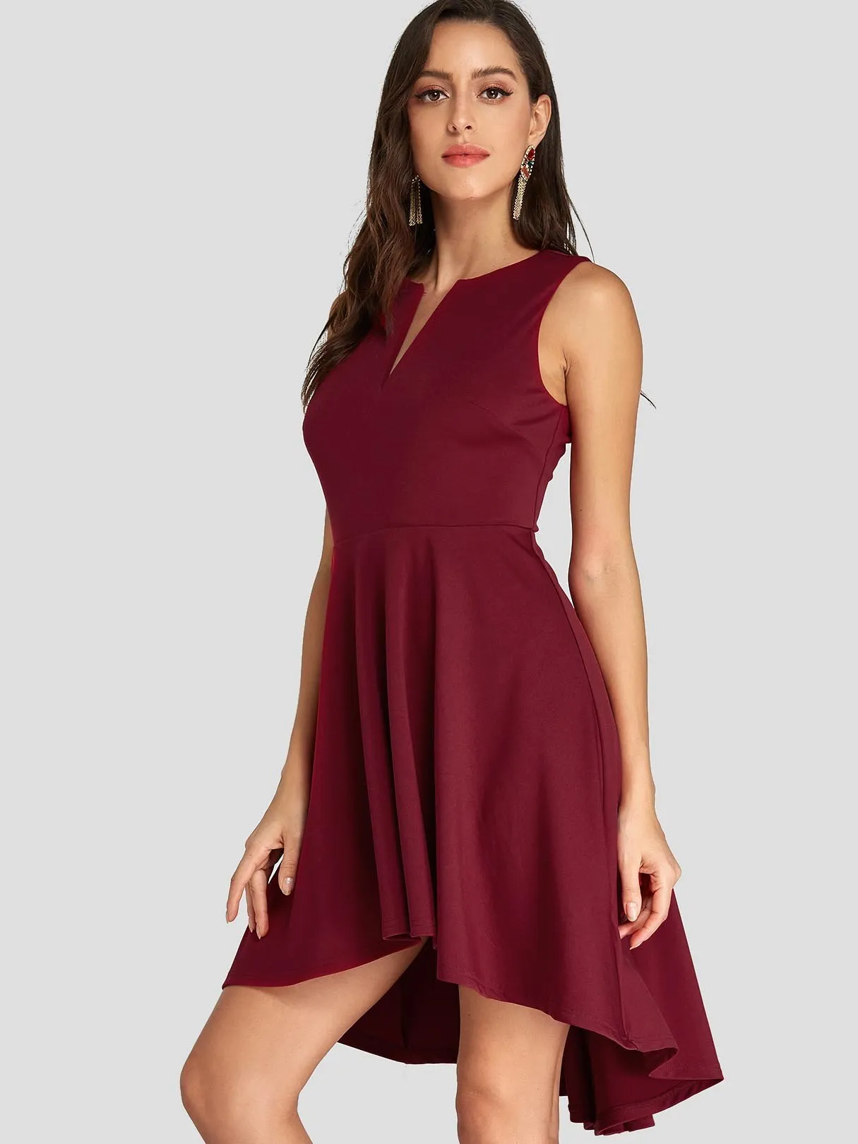 Wholesale Burgundy V-Neck Sleeveless Plain Pleated High-Low Hem Dresses