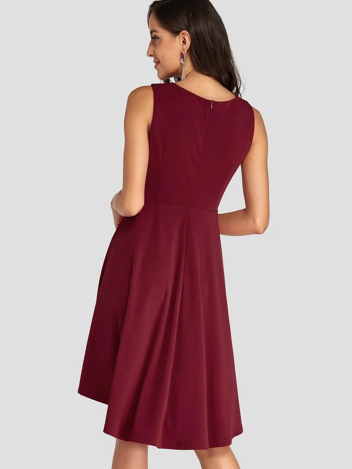 Wholesale Burgundy V-Neck Sleeveless Plain Pleated High-Low Hem Dresses