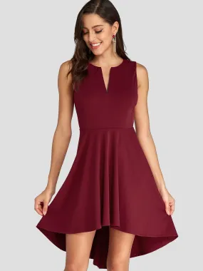 Wholesale Burgundy V-Neck Sleeveless Plain Pleated High-Low Hem Dresses