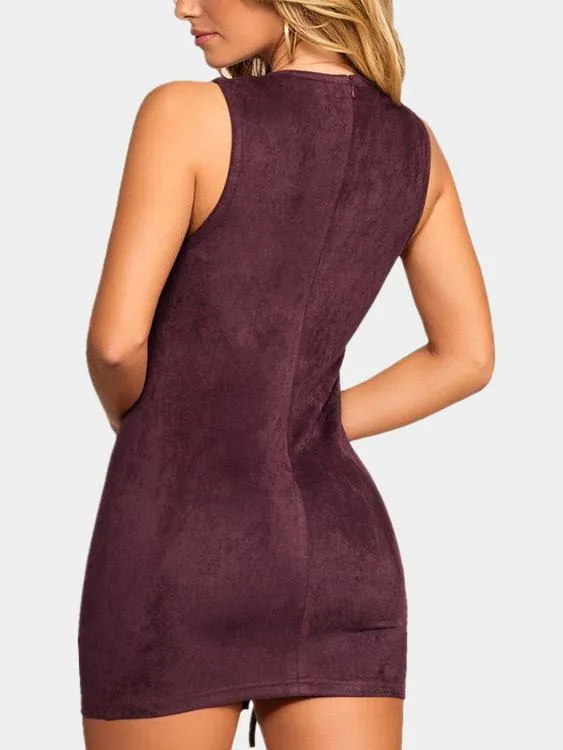 Wholesale Burgundy V-Neck Sleeveless Zip Back Lace-Up High-Waisted Bodycon Hem Dress