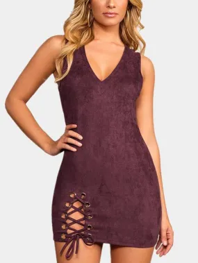 Wholesale Burgundy V-Neck Sleeveless Zip Back Lace-Up High-Waisted Bodycon Hem Dress