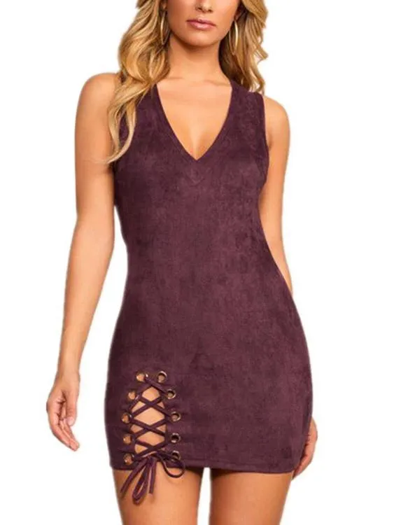 Wholesale Burgundy V-Neck Sleeveless Zip Back Lace-Up High-Waisted Bodycon Hem Dress