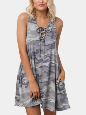 Wholesale Camo V-Neck Sleeveless Camouflage Lace-Up Dress