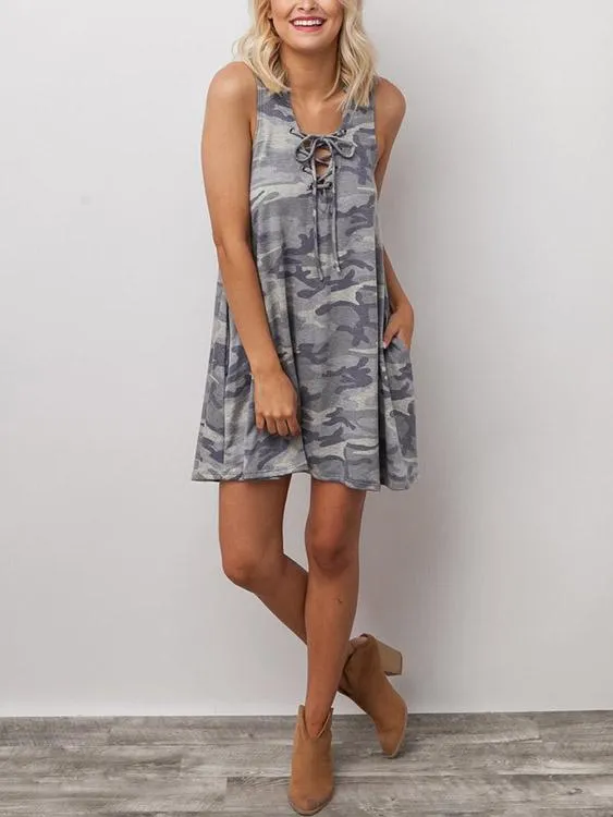 Wholesale Camo V-Neck Sleeveless Camouflage Lace-Up Dress