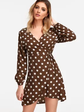 Wholesale Coffee Deep V Neck Long Sleeve Polka Dot Lace-Up Wrap Dresses