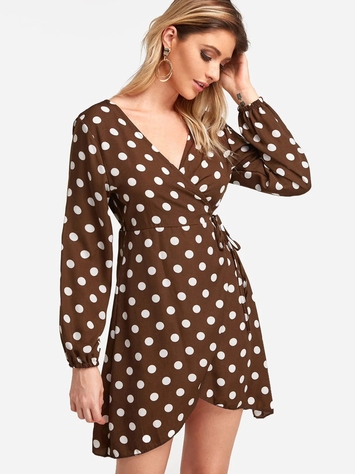 Wholesale Coffee Deep V Neck Long Sleeve Polka Dot Lace-Up Wrap Dresses