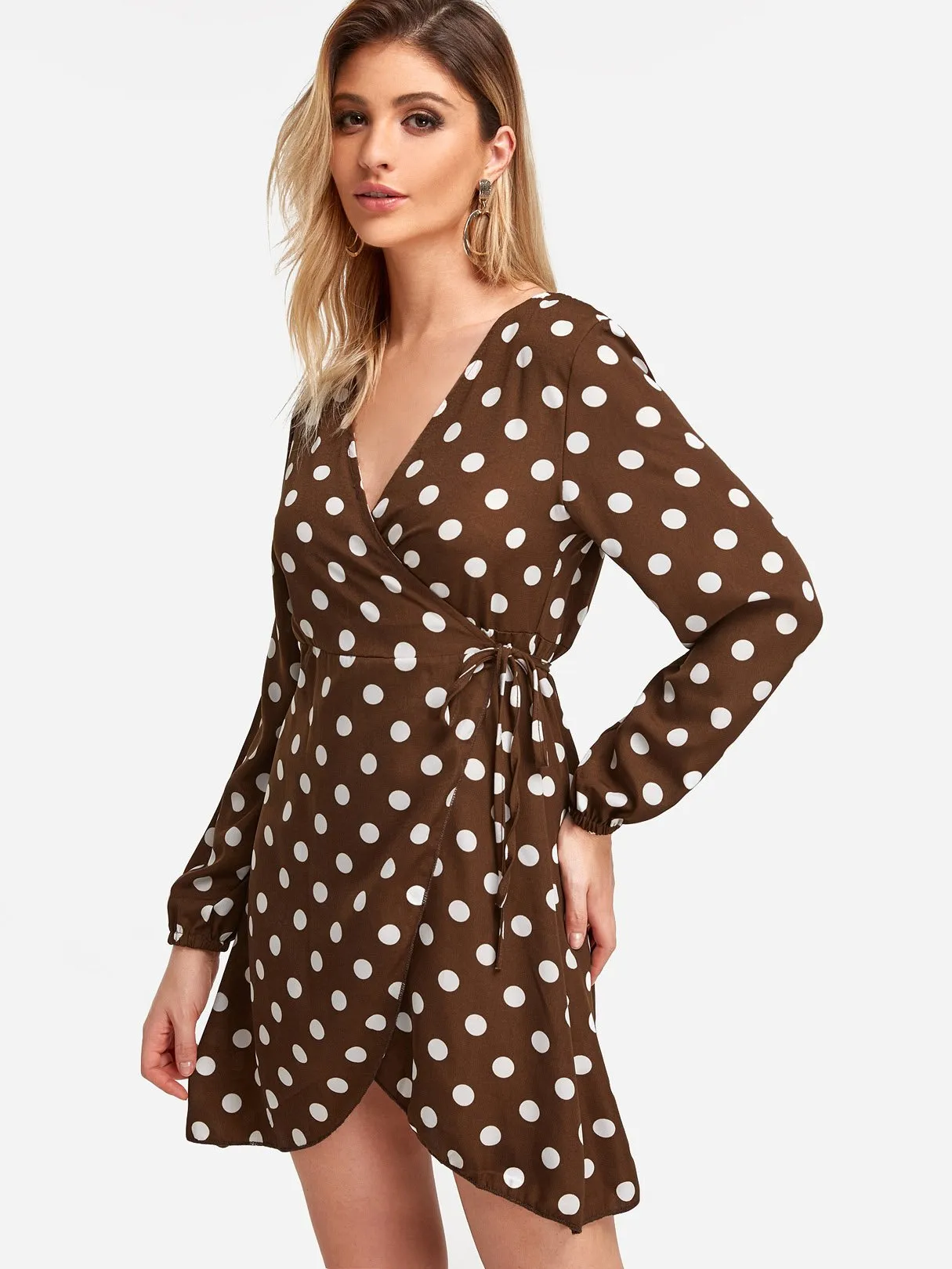 Wholesale Coffee Deep V Neck Long Sleeve Polka Dot Lace-Up Wrap Dresses