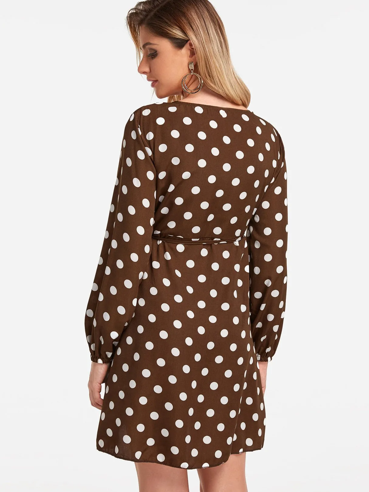 Wholesale Coffee Deep V Neck Long Sleeve Polka Dot Lace-Up Wrap Dresses