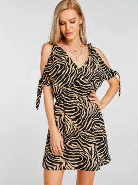 Wholesale Coffee V-Neck Cold Shoulder Zebra Printed Bowknot Dresses