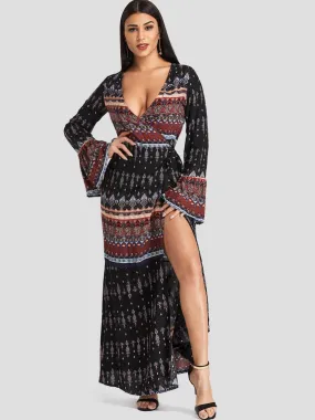 Wholesale Deep V Neck Long Sleeve Tribal Print Slit Dresses