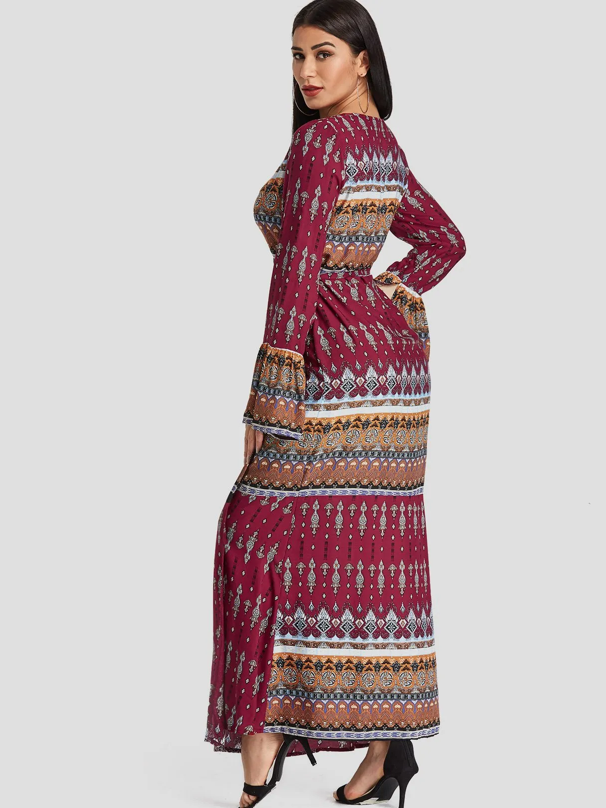 Wholesale Deep V Neck Long Sleeve Tribal Print Slit Dresses