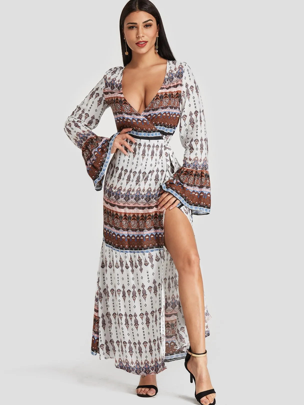 Wholesale Deep V Neck Long Sleeve Tribal Print Slit Dresses