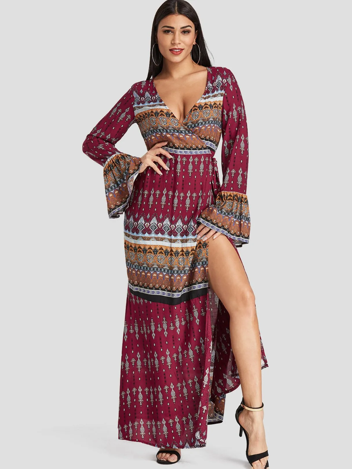 Wholesale Deep V Neck Long Sleeve Tribal Print Slit Dresses