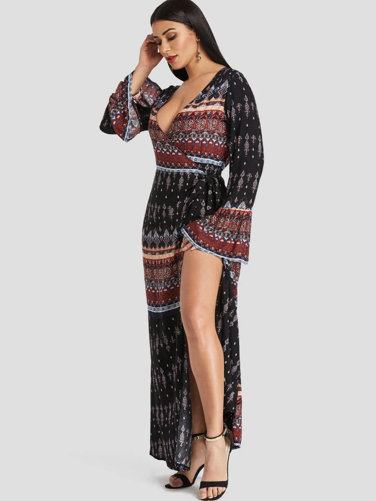 Wholesale Deep V Neck Long Sleeve Tribal Print Slit Dresses