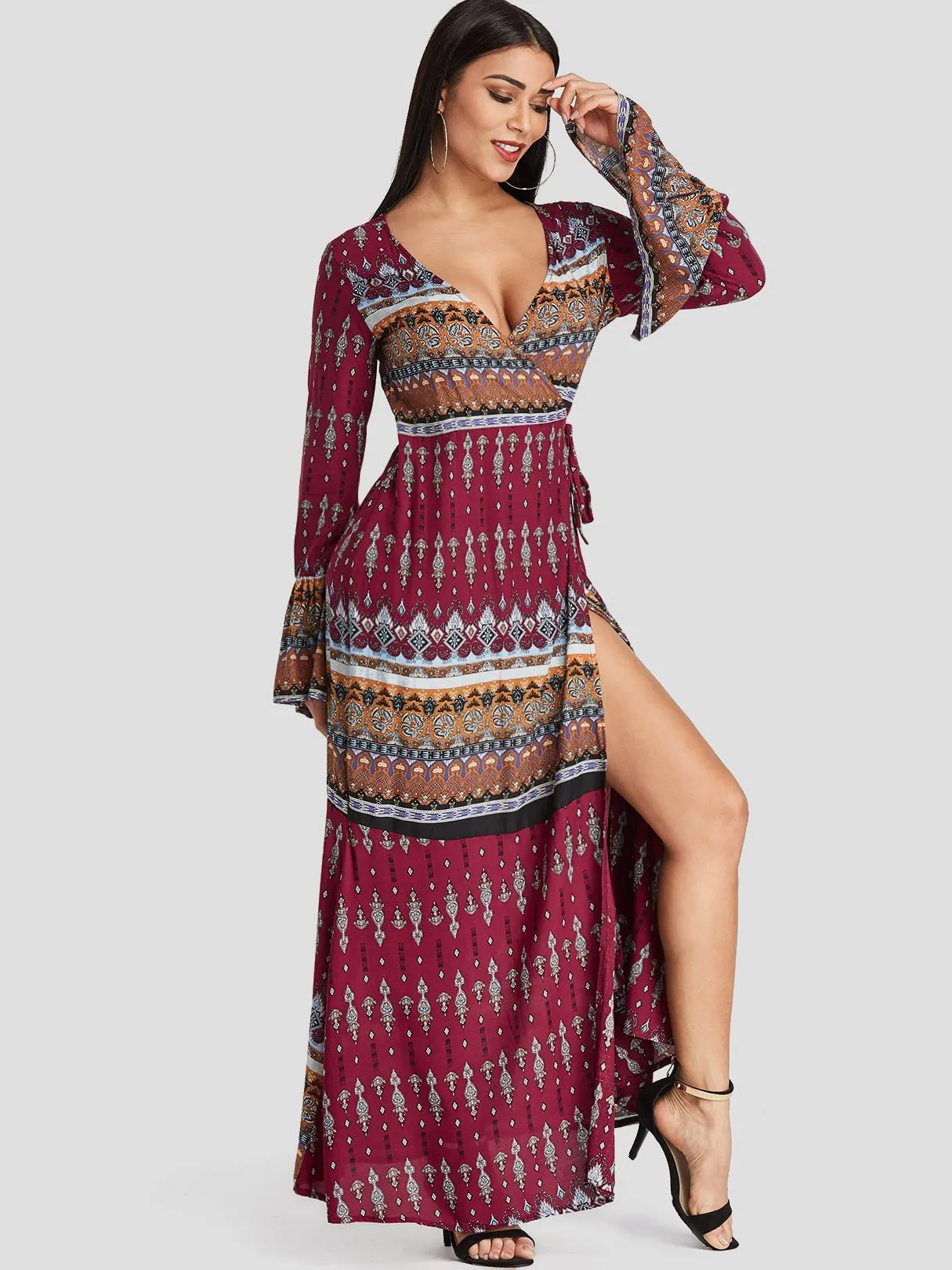 Wholesale Deep V Neck Long Sleeve Tribal Print Slit Dresses