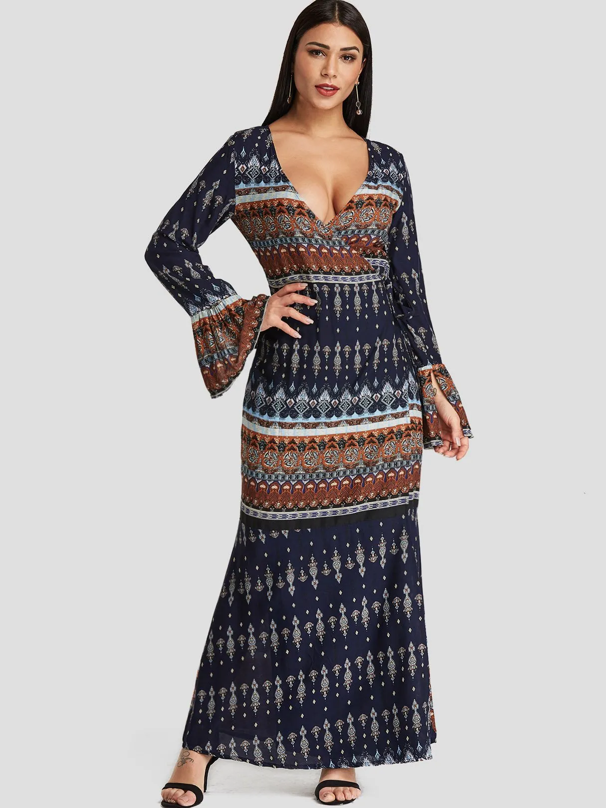 Wholesale Deep V Neck Long Sleeve Tribal Print Slit Dresses