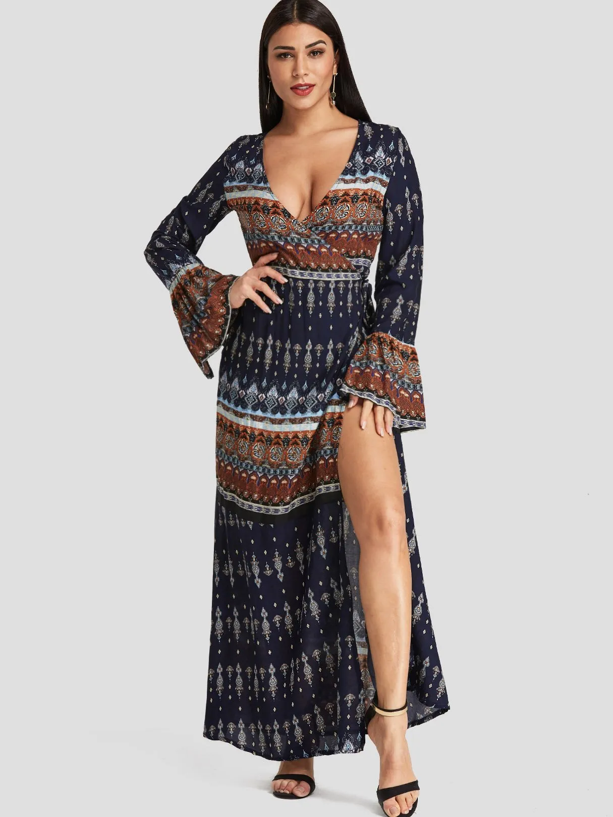 Wholesale Deep V Neck Long Sleeve Tribal Print Slit Dresses