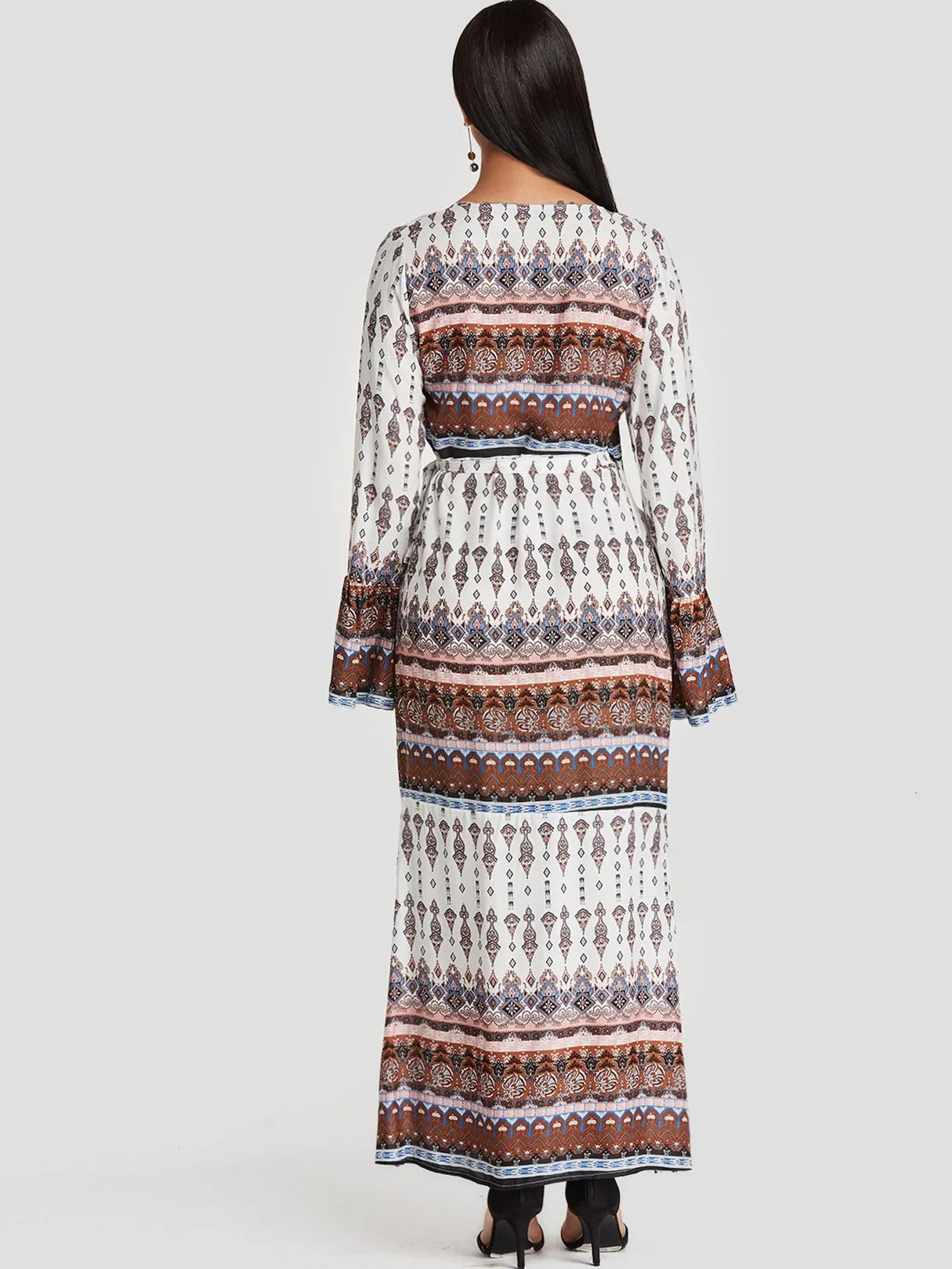 Wholesale Deep V Neck Long Sleeve Tribal Print Slit Dresses