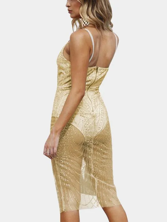 Wholesale Deep V Neck Sheer Zip Back Backless Sequins Embellished Sleeveless Gold Dresses