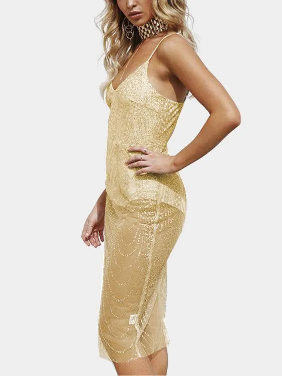 Wholesale Deep V Neck Sheer Zip Back Backless Sequins Embellished Sleeveless Gold Dresses