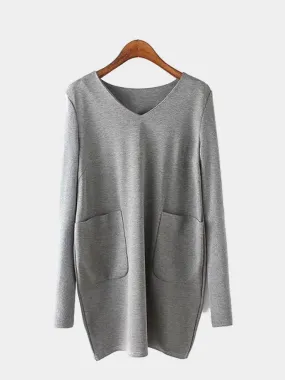 Wholesale Gray V-Neck Long Sleeve Two Large Pockets Dresses