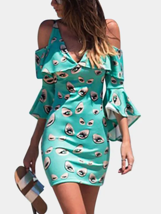 Wholesale Green V-Neck Cold Shoulder 3/4 Length Sleeve High-Waisted Bodycon Dress