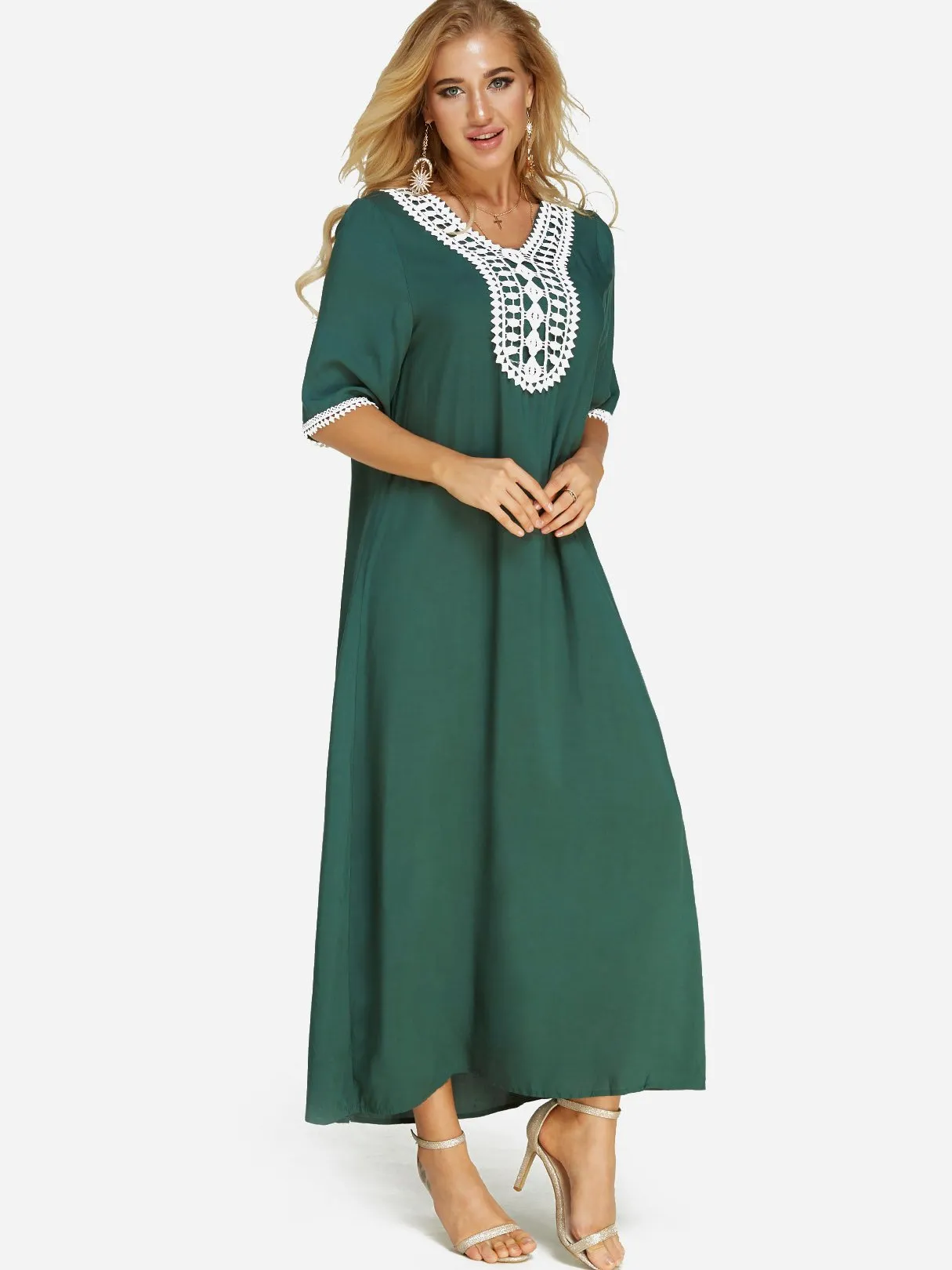 Wholesale Green V-Neck Half Sleeve Crochet Lace Embellished Dress