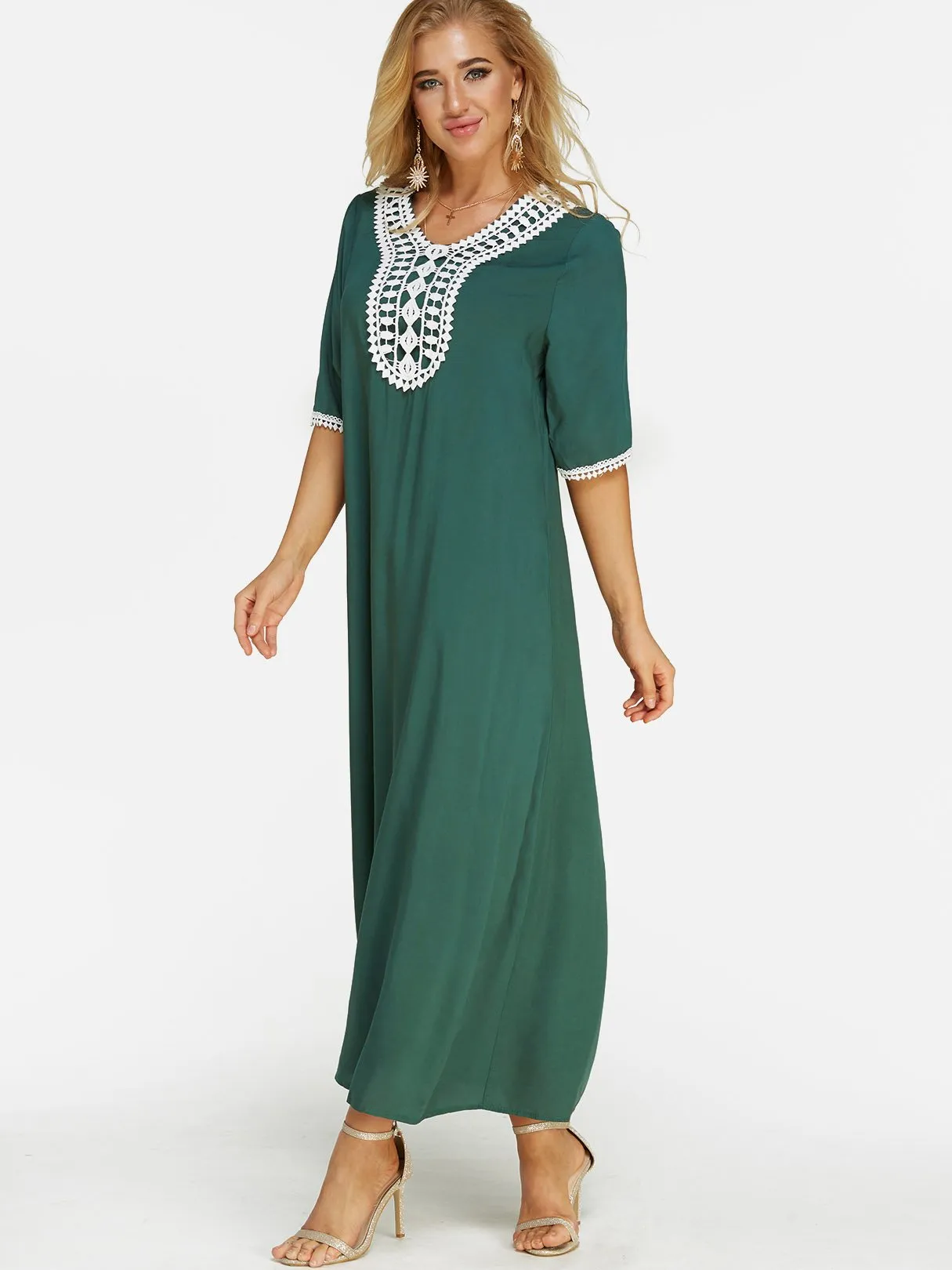 Wholesale Green V-Neck Half Sleeve Crochet Lace Embellished Dress